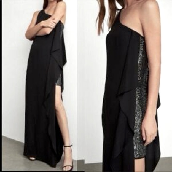 BCBGMAXAZRIA Formal Black Sequin One-Shoulder Slit Gown Size 4 Small S - Picture 1 of 11